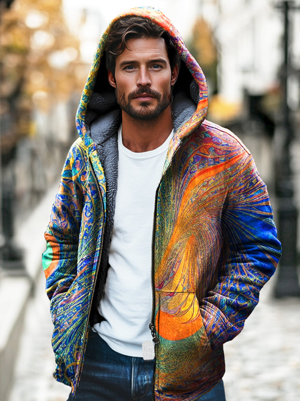 Gentleman's Textured Colorful Printed Plush Thickened Hooded Zipper Jacket