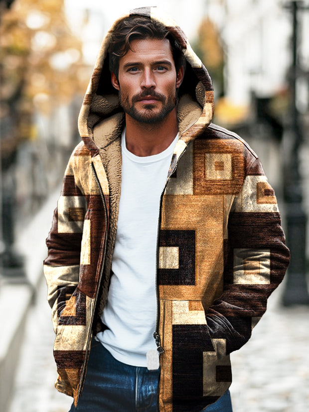 Gentleman Multicolor Abstract Geometric Print Plush Thickened Hooded Zipper Jacket