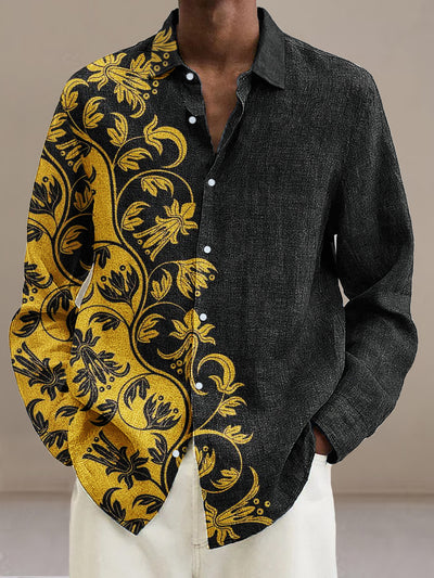 Gentleman's Vintage Cut Flower Patchwork Pattern Long Sleeve Shirt