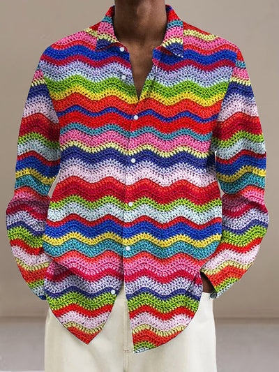 Gentleman Vintage Rainbow Color Woolen Wave Art Print Long Sleeve Shirt