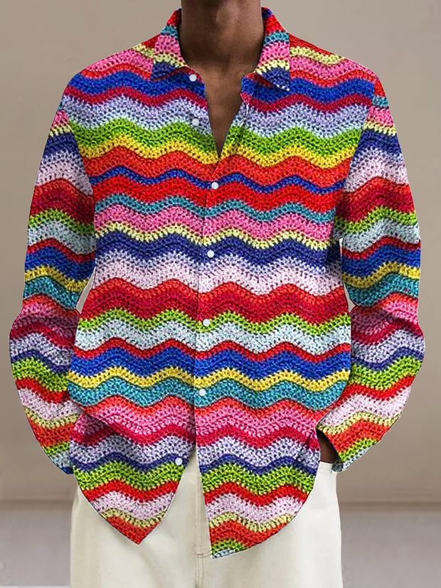 Gentleman Vintage Rainbow Color Woolen Wave Art Print Long Sleeve Shirt