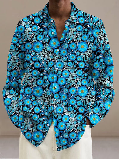 Gentleman Vintage Blue Floral Art Print Long Sleeve Shirt