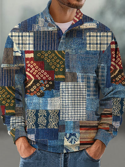 Gentleman Vintage Ethnic Style Denim Patchwork Pattern Corduroy Sweatshirt