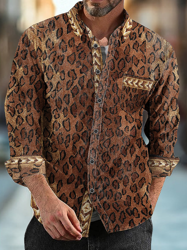 Gentleman Vintage Leopard Ethnic Patchwork Pattern Corduroy Long Sleeve Shirt