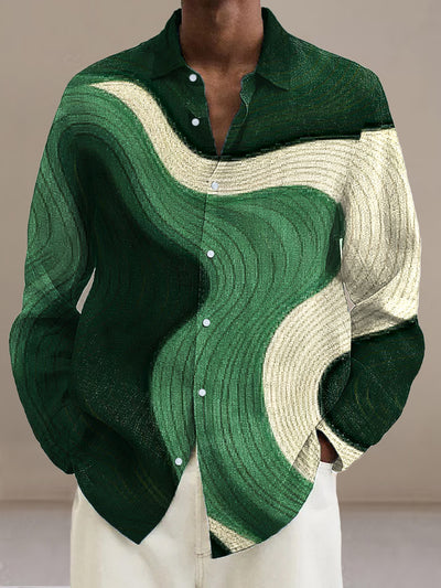 Gentleman Vintage Green Wave Color Block Art Print Long Sleeve Shirt