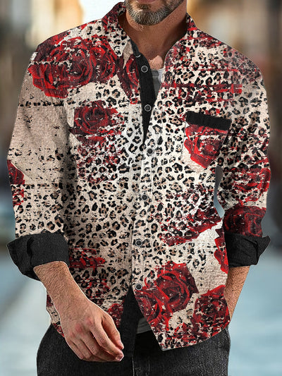 Gentleman Vintage Rose Leopard Pattern Corduroy Long Sleeve Shirt