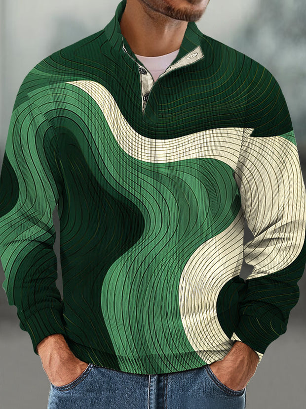 Gentleman Vintage Green Wave Colorblock Pattern Corduroy Sweatshirt