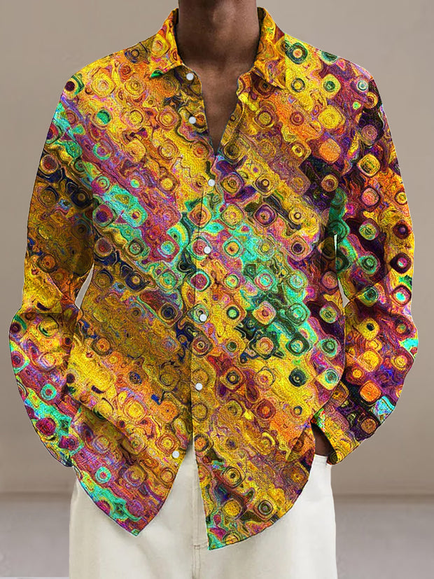 Men's Vintage Colorful Abstract Color Block Art Print Long Sleeve Shirt