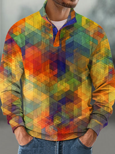 Gentleman Vintage Rainbow Geometric Pattern Stand Collar Corduroy Sweatshirt