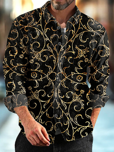 Gentleman Vintage Gold Floral Pattern Corduroy Long Sleeve Shirt