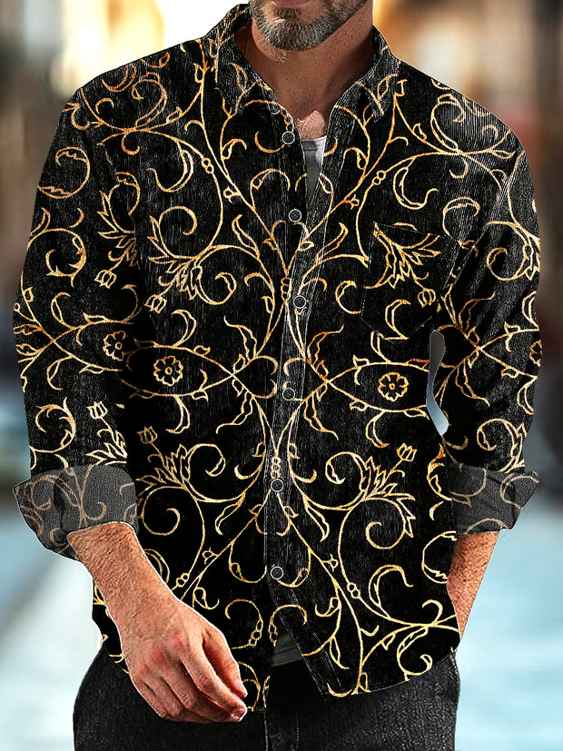 Gentleman Vintage Gold Floral Pattern Corduroy Long Sleeve Shirt