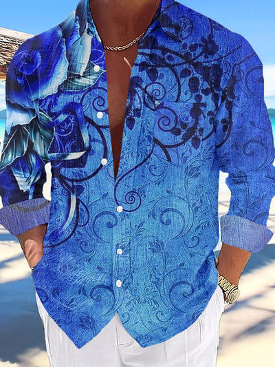 Gentleman Vintage Blue Rose Ivy Art Print Long Sleeve Shirt