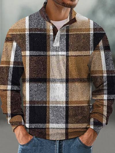 Gentleman Vintage Classic Plaid Pattern Stand Collar Corduroy Sweatshirt