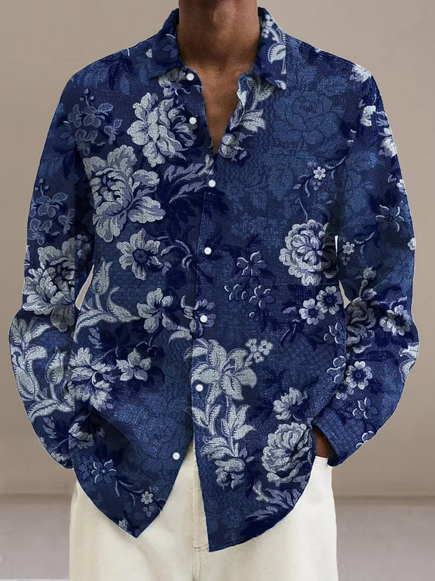 Gentleman Vintage Denim Blue Floral Art Pattern Long Sleeve Shirt