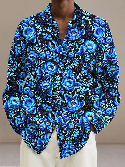 Gentleman Vintage Blue Floral Art Pattern Long Sleeve Shirt