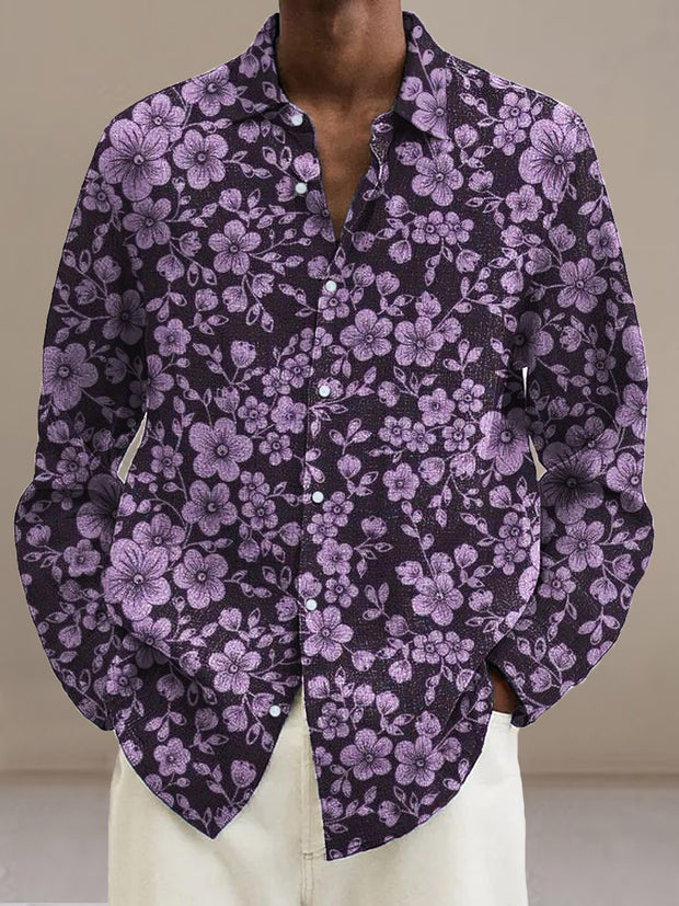 Gentleman Vintage Purple Small Floral Art Pattern Long Sleeve Shirt