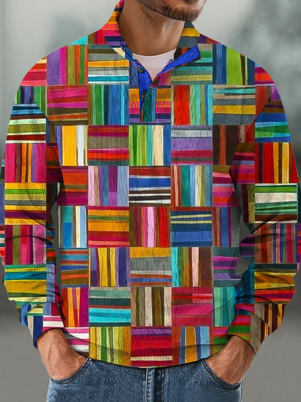 Gentleman Vintage Geometric Colorblock Printed Corduroy Stand-Up Sweatshirt