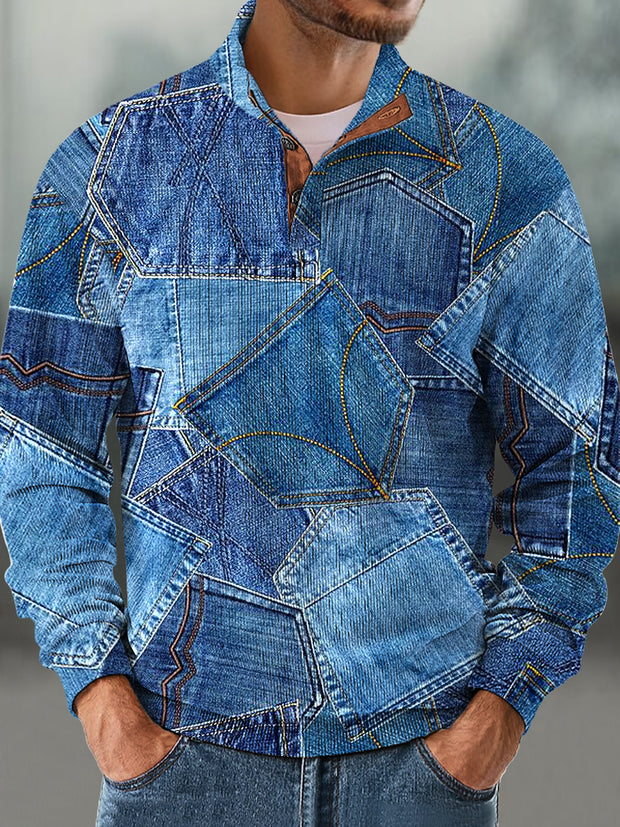 Gentleman Vintage Denim Pocket Patchwork Printed Corduroy Stand Collar Sweatshirt