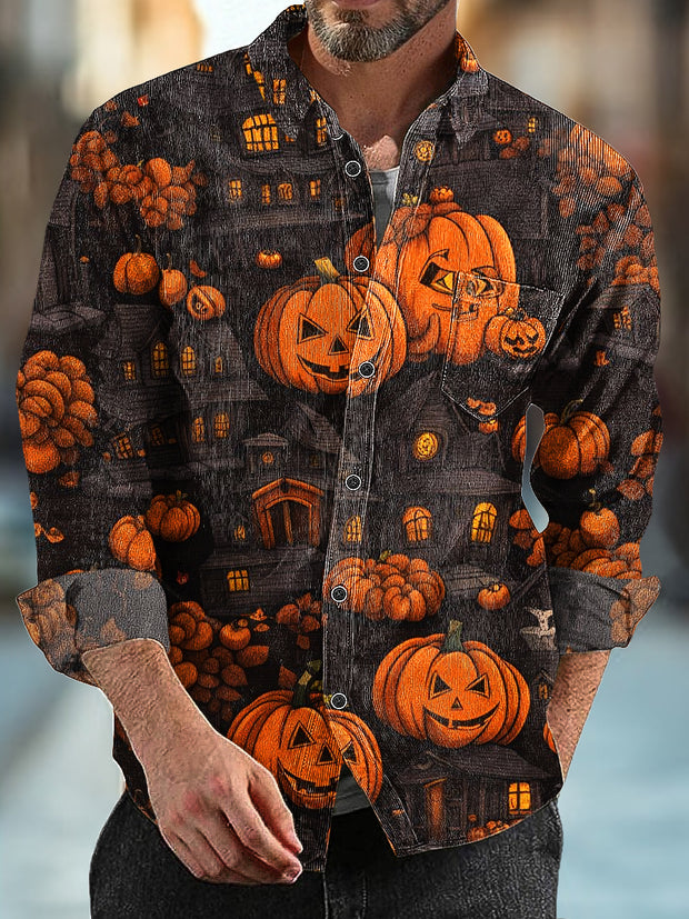 Gentleman Vintage Halloween Pumpkin Print Corduroy Long Sleeve Pocket Shirt