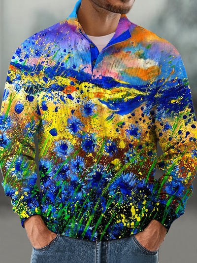 Gentleman Vintage Flower Field Oil Painting Pattern Corduroy Standing Collar Sweatshirt