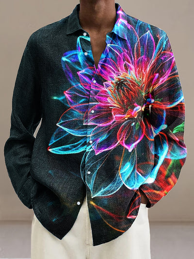 Gentleman Vintage Fluorescent Color Abstract Floral Art Print Long Sleeve Shirt