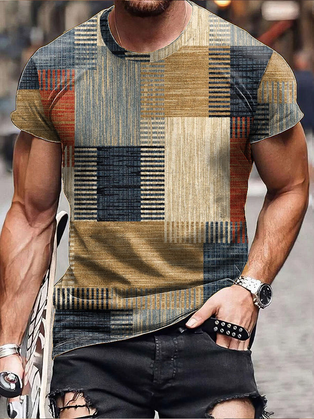 Gentleman's Classic Color Block Patchwork Artwork Short Sleeve T-Shirt