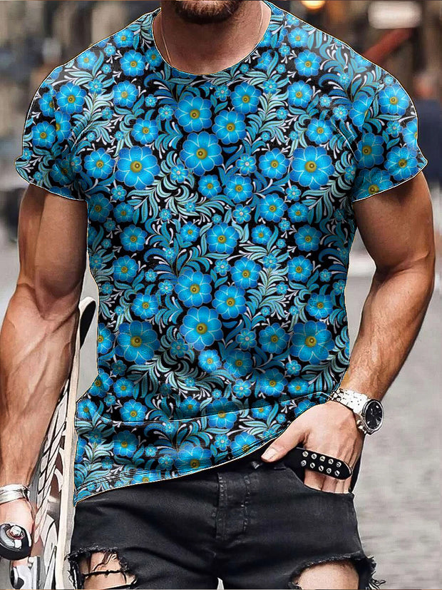 Gentleman Classic Blue Floral Art Graphic Short Sleeve T-Shirt