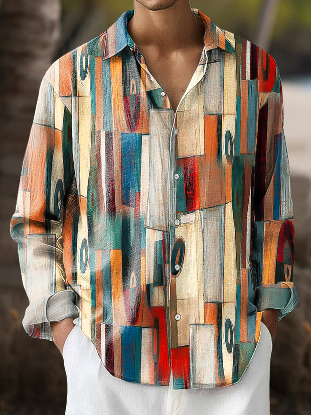 Gentleman Vintage Multicolor Irregular Art Print Long Sleeve Shirt