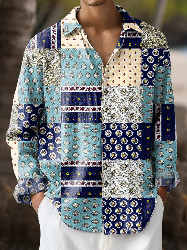 Gentleman Vintage Ethnic Style Patchwork Art Print Long Sleeve Shirt