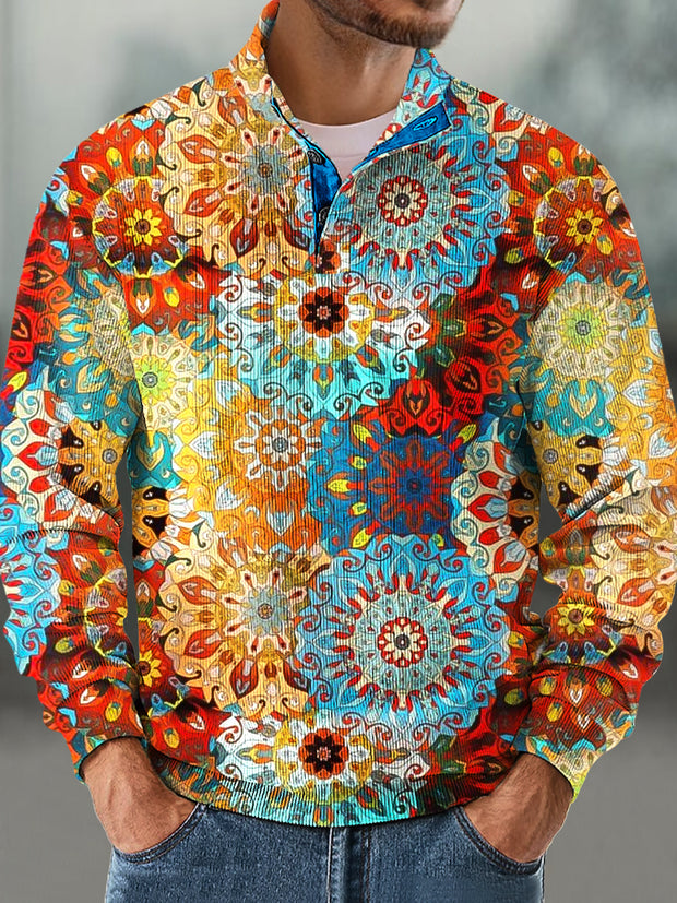 Gentleman Vintage Colorful Mandala Art Print Corduroy Stand-Up Sweatshirt