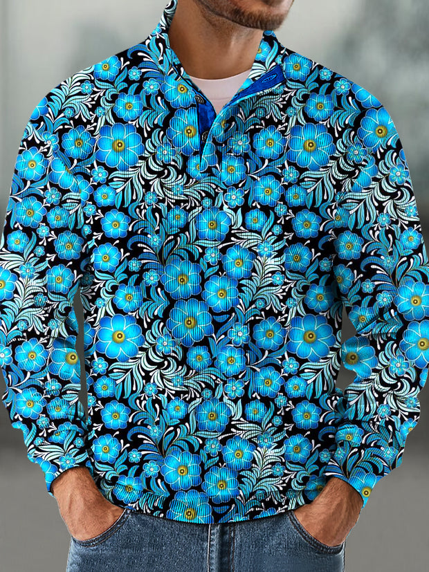 Gentleman Vintage Blue Floral Art Print Corduroy Stand Up Sweatshirt