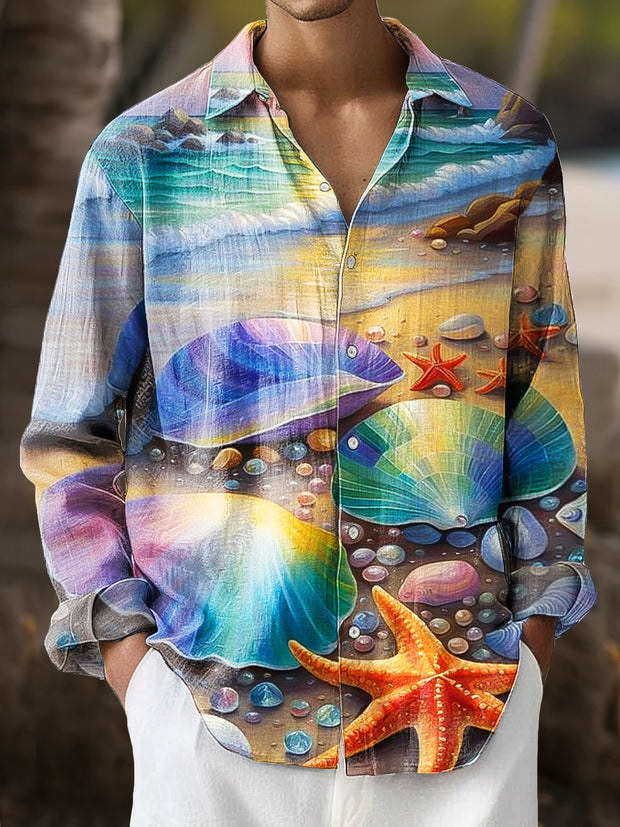 Gentleman Casual Seaside Shell Starfish Art Print Long Sleeve Shirt