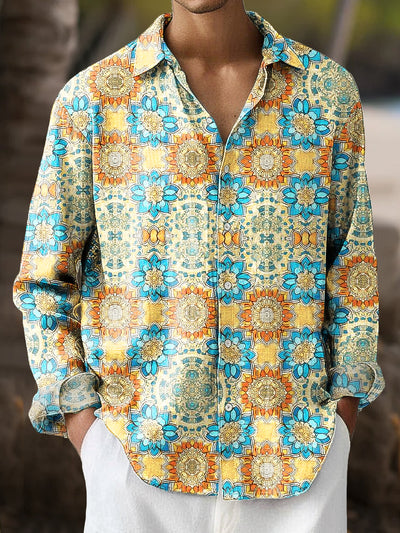 Gentleman Vintage Colorful Geometric Floral Art Print Long Sleeve Shirt