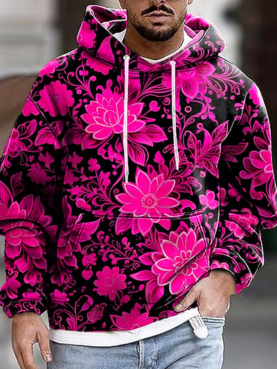 Gentleman's Everyday Vintage Fluorescent Pink Floral Art Print Hooded Sweatshirt