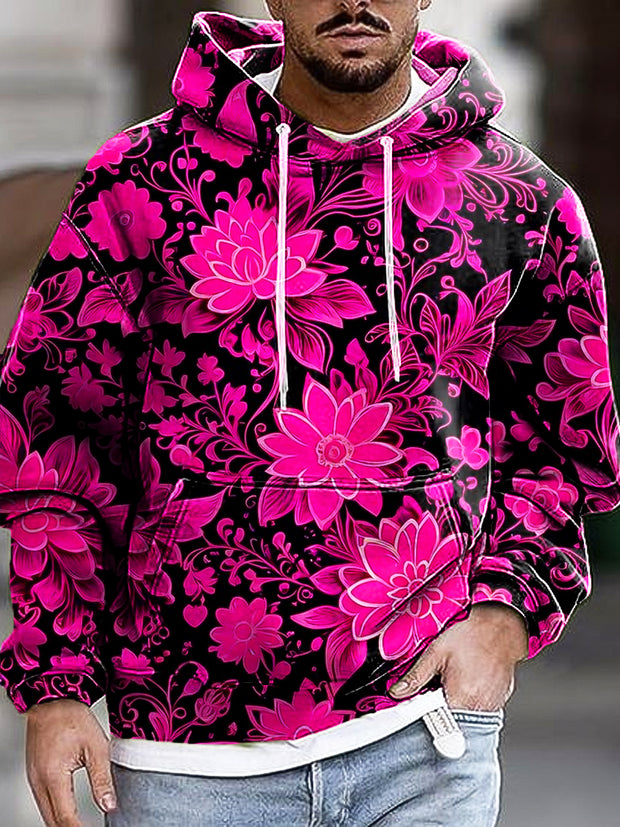 Gentleman's Everyday Vintage Fluorescent Pink Floral Art Print Hooded Sweatshirt