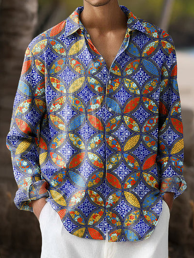 Gentleman Vintage Colorful Geometric Flower Art Print Long Sleeve Shirt