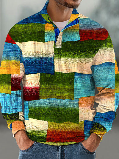 Gentleman's Vintage Colorblocked Printed Corduroy Stand-Up Sweatshirt