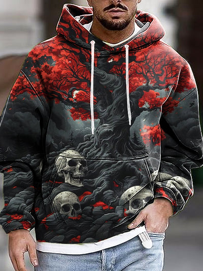 Gentleman Vintage Halloween Skull Big Tree Art Print Hooded Sweatshirt