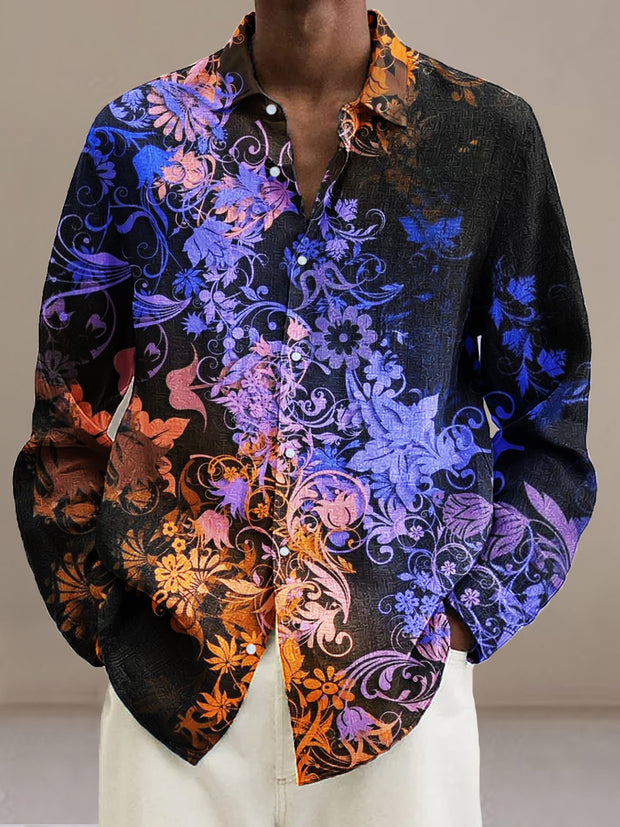 Gentleman Vintage Fluorescent Gradient Floral Art Print Long Sleeve Shirt