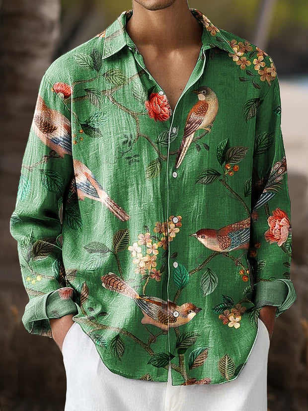 Gentleman Vintage Bird & Floral Art Print Long Sleeve Shirt