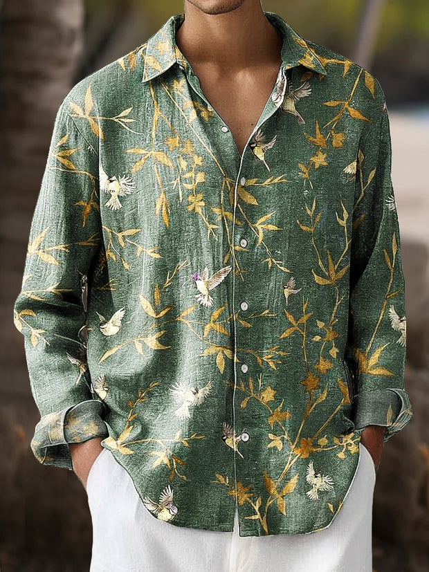 Gentleman Vintage Leaf & Bird Art Print Long Sleeve Shirt