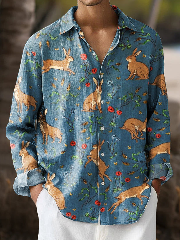 Gentleman Vintage Rabbit Floral Art Print Long Sleeve Shirt