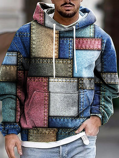 Gentleman Vintage Casual Denim Patchwork Art Print Hooded Sweatshirt