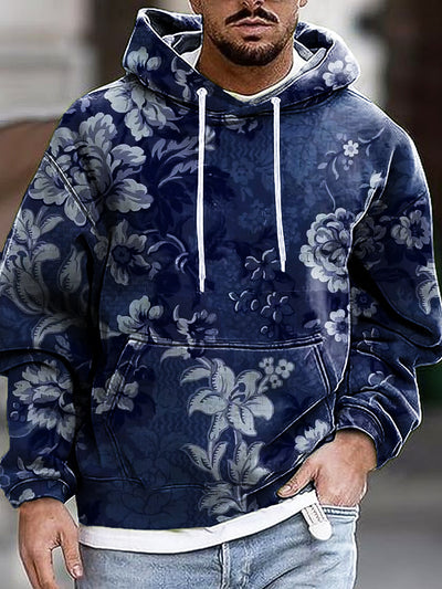 Gentleman Vintage Denim Color Floral Art Print Hooded Sweatshirt