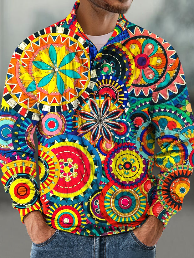 Gentleman Vintage Colorful Geometric Floral Art Print Corduroy Stand-Up Sweatshirt