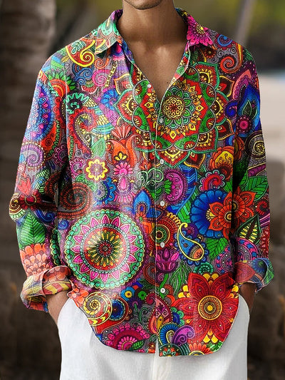 Gentleman Vintage Ethnic Floral Art Print Long Sleeve Shirt