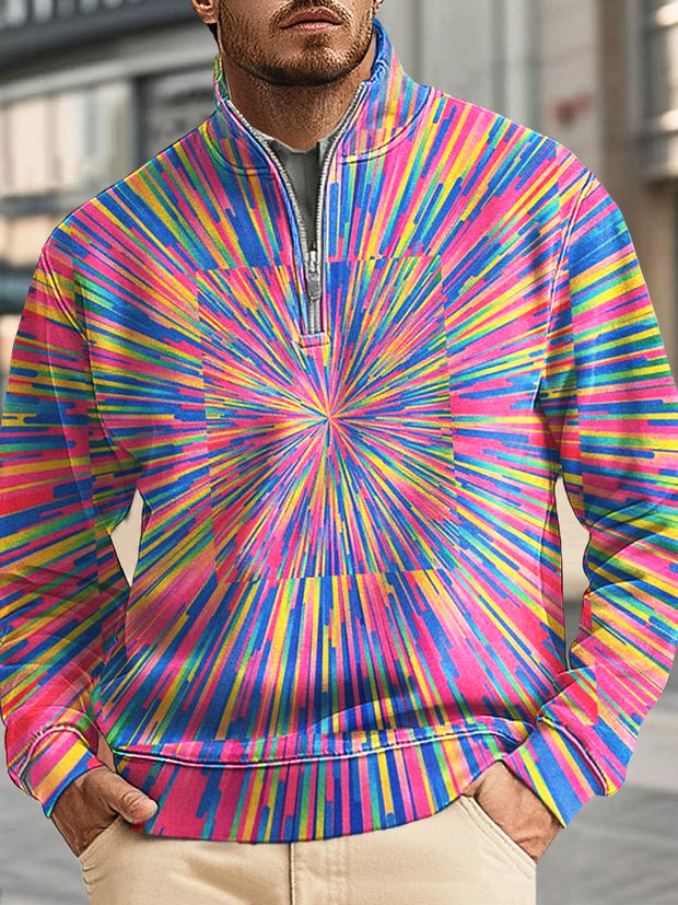 Gentleman's Casual Rainbow Color Line Swirl Art Print Zip Sweatshirt