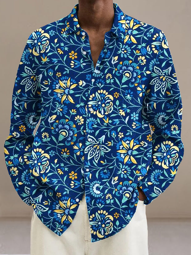 Gentleman Vintage Abstract Blue Floral Art Print Long Sleeve Shirt