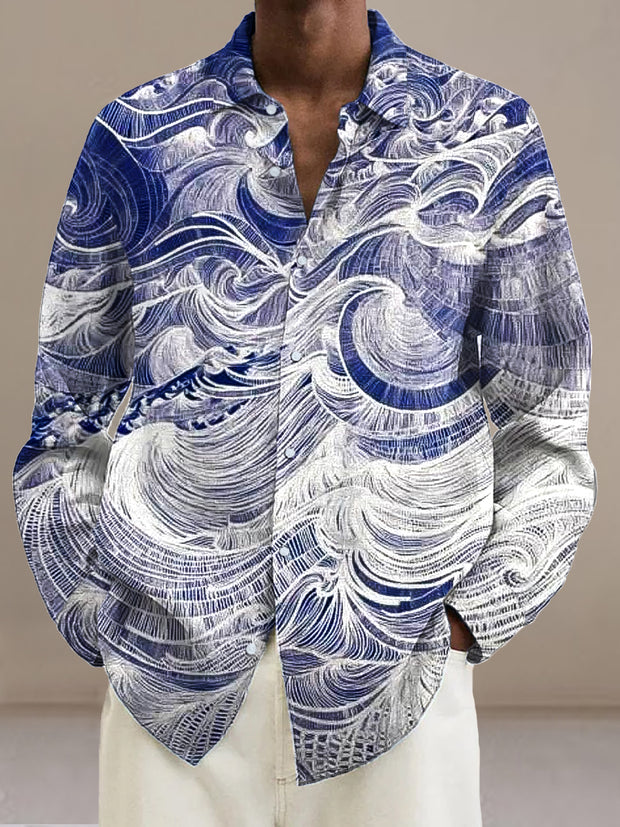 Gentleman Vintage Abstract Wave Art Print Long Sleeve Shirt