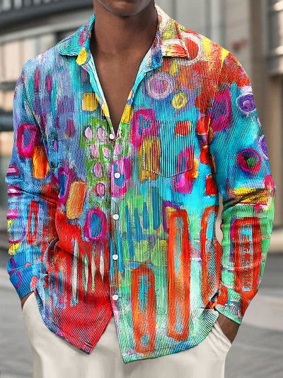 Gentleman Vintage Abstract Colorful Irregular Art Print Corduroy Pocket Shirt